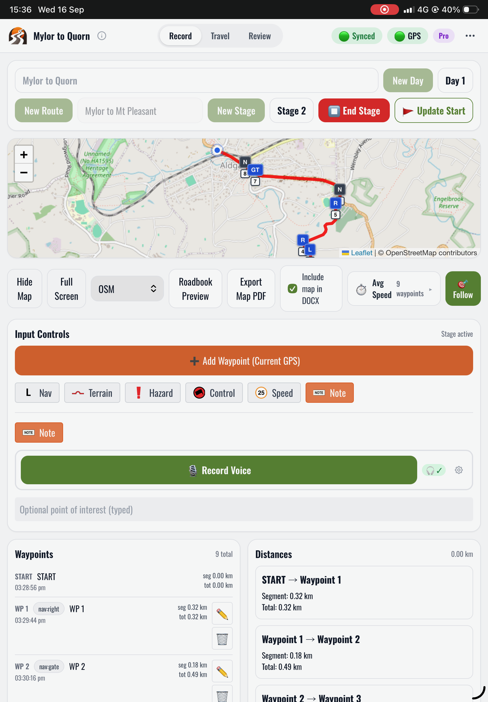 Recording a route in RouteMapper — map, waypoints and voice capture