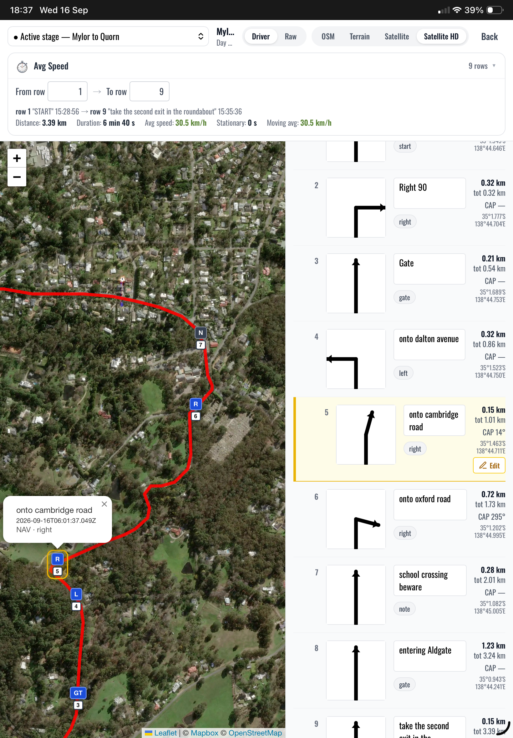 Review Mode — satellite map and roadbook side by side with tulips and CAP values